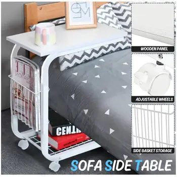 

C-Shape Coffee Tea Snack Table with Side Storage Basket Lockable Wheels Removable Sofa side Table Bedside Table Home Furniture