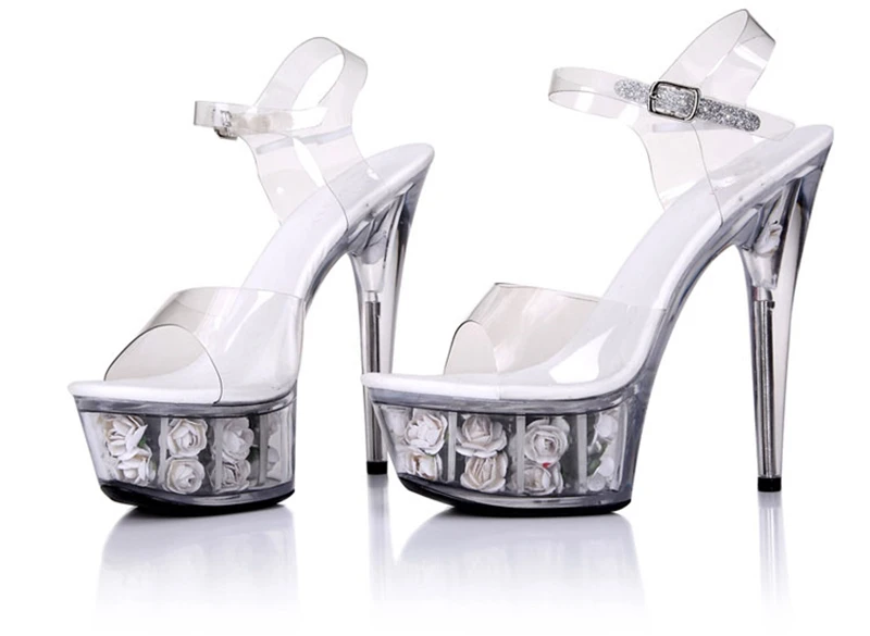 Небесно высокий тонкий модель с каблуком цветок Кристалл обуви 15 см Ультра Высокий каблук Водонепроницаемый Платформа невесты свадебные туфли - Цвет: Белый