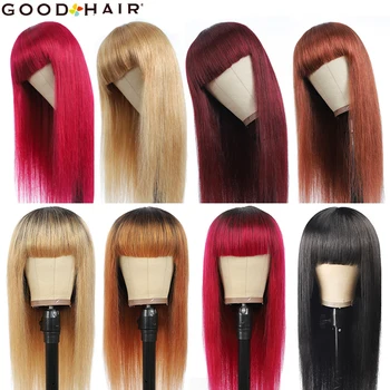

Straight Human Hair Wigs With Bangs Brazilian Black Blonde Brown Red Full Machine Made Hair Wigs For Black Women GOODHAIR