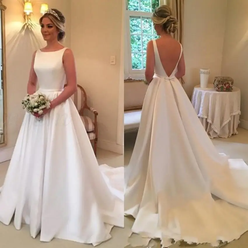 High Quality Scoop Neck A-line Satin Wedding Dresses Backless Chapel Train Bridal Gowns robe de mariee | Свадьбы и торжества