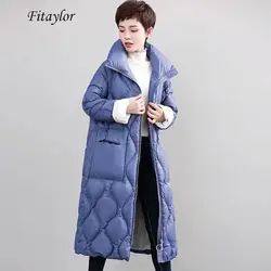 Fitaylor Новинка 2019 зимние женские ультра легкие пуховые пальто средней длины Теплый парки воротник стойка длинный рукав молния Свободная