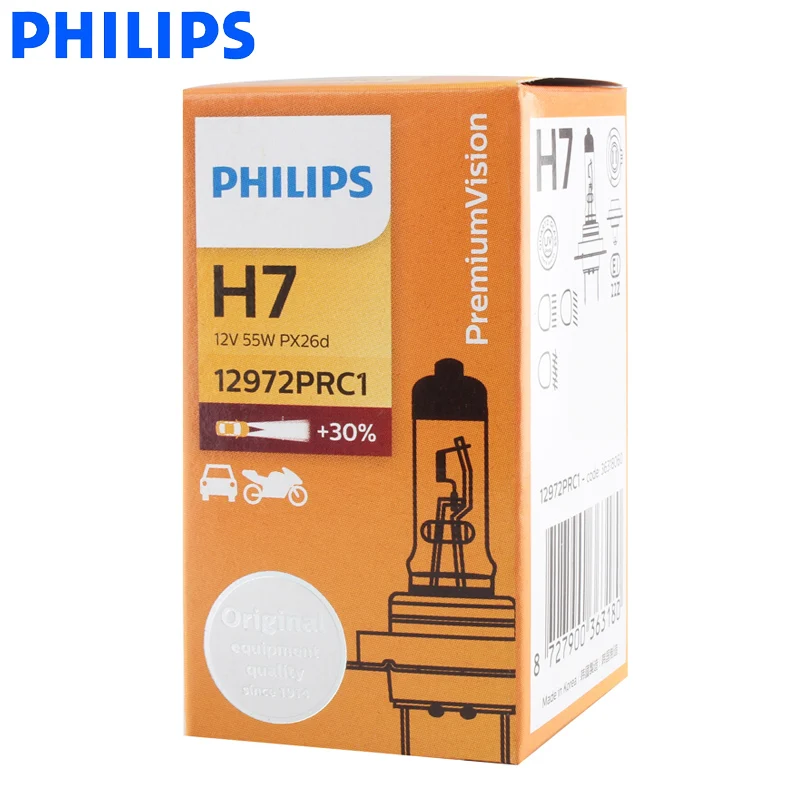 Philips оригинальные H7 12V 55W PX26d Премиум видения стандартные Автомобильные фары галогеновые лампочки лампы ECE утвержден 12972PR C1, 1X