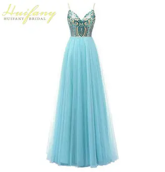 

Elegant Long Evening Dresses Opean Back Spaghetti Straps Prom Gowns V-neck Formal Party Dresses Sequin Tulle Birthday Dress