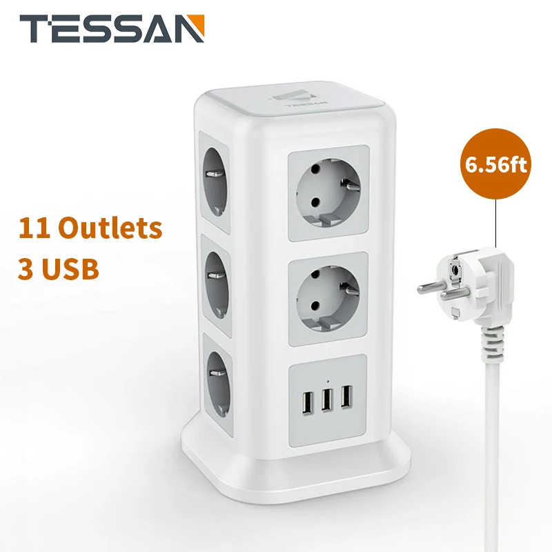 Tessan Power Strip Tower With 11 Outlets and 3 USB 2M/6.56ft Extension Cord Multiple Sockets Plug With overload protect