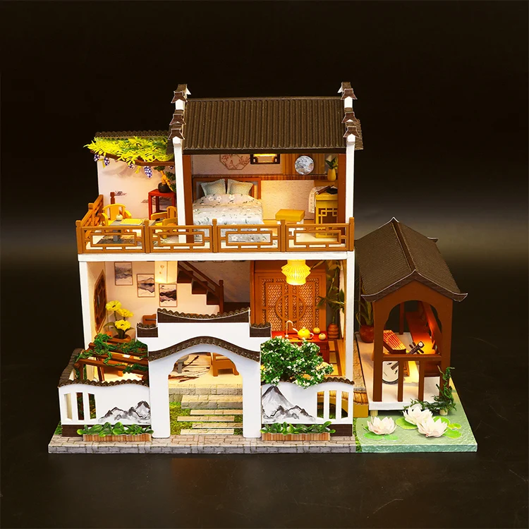 NO Dust cover Китайский стиль кукольный дом мебель миниатюрный кукольный домик DIY миниатюрный дом Комната Деревянные игрушки для детей - Цвет: NO Dust cover