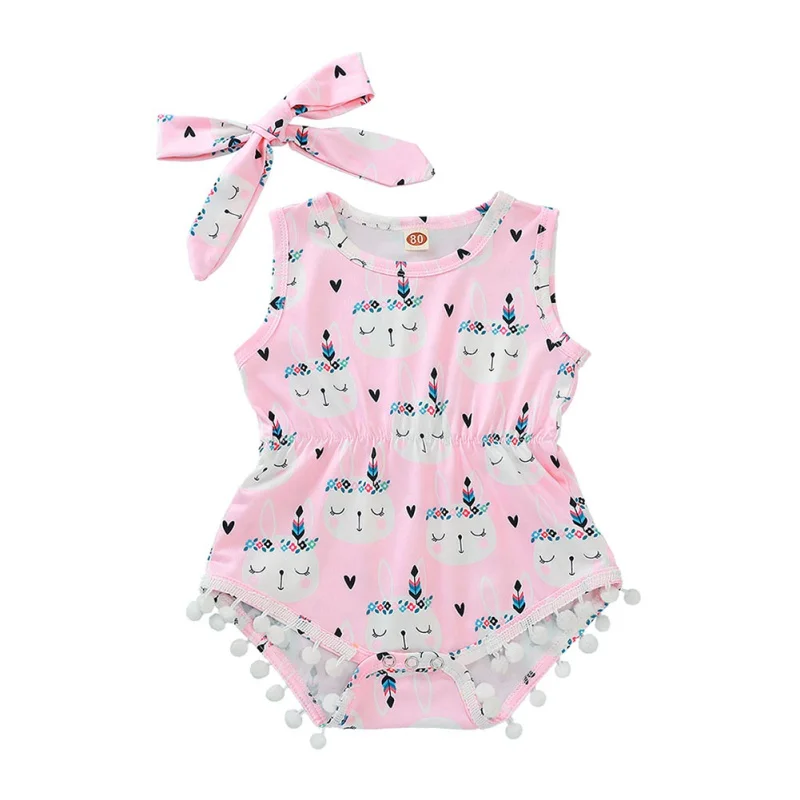 

Baby Clothes Girls Hair Band 2 Pcs Baby Girls Rabbit Print Easter Sleeveless Fringed Small Ball Jumpsuit Romper