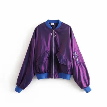 

Loose Casual Women Jacket Purple Zipper Long Sleeve Ladies Coat Fashion Autumn Street Cazadora Mujer Women Tops Party MM60NJK