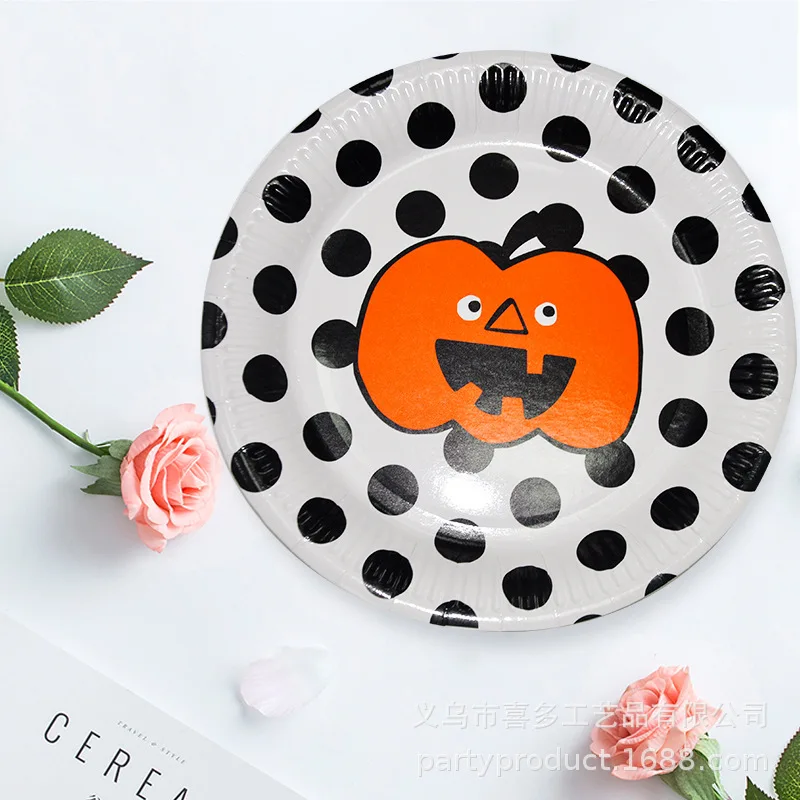 Cartoon Smiley Pumpkin Black Dots Paper Pallet Plate Halloween Party Adult Children Decoration Beverage Cup Set