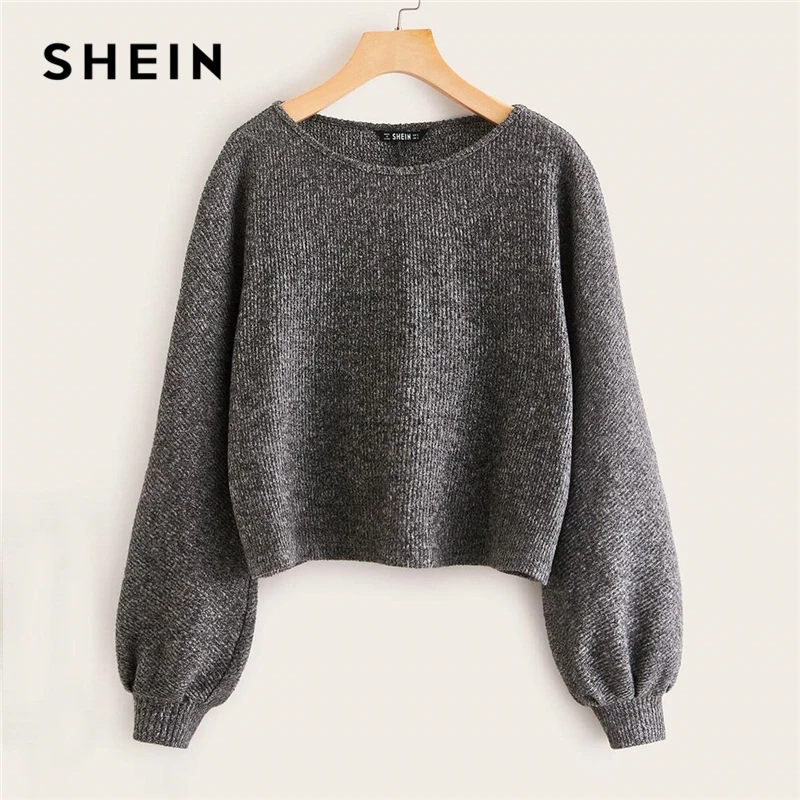 

SHEIN Grey Boat Neck Ribbed knit Casual Top Women Autumn High Street Bishop Sleeve Office Ladies Basic T-shirts