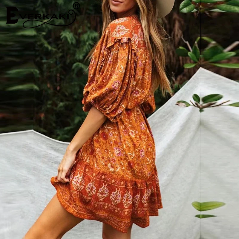 Everkaki, женское короткое платье, бохо, цветочный принт, кисточки, пояс, Vestidos Gypsy, женские мини платья, для женщин, весна-лето, Новинка