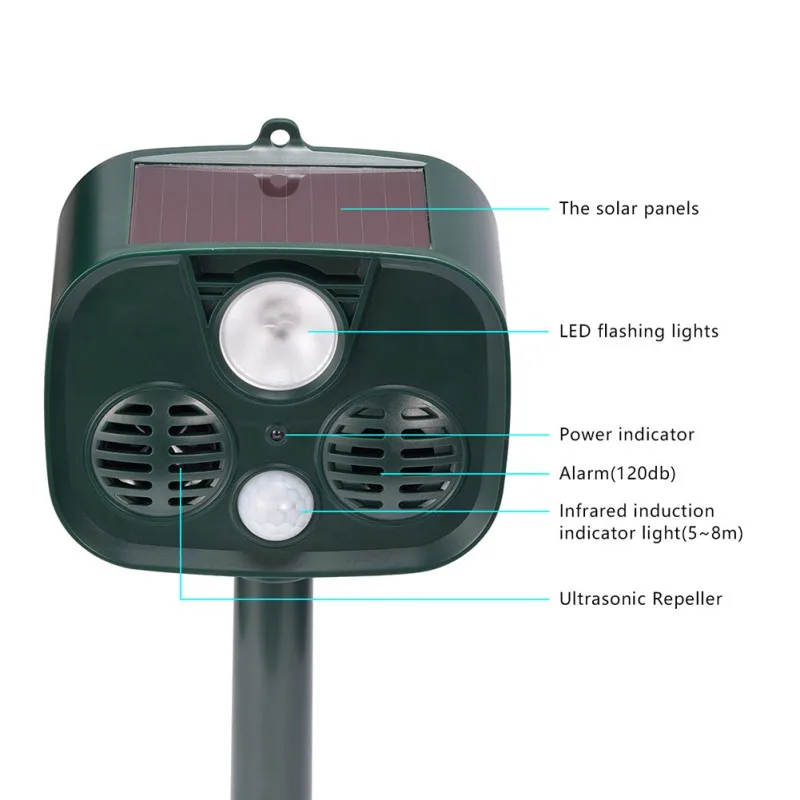

Solar Ultrasonic Animal Catcher Pest Repeller with LED Light Cat Dog Deterrent Strong Theft Prevention For Outdoor Garden Farm