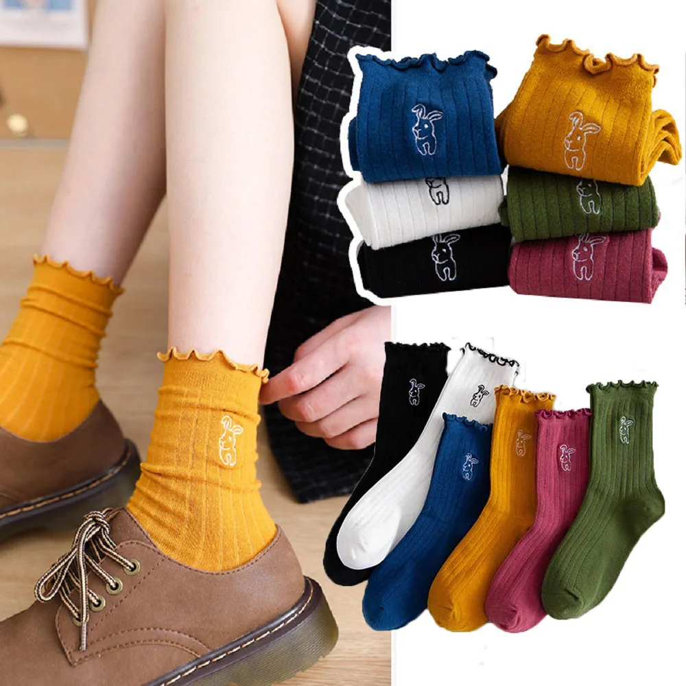 Women Socks Cartoon Rabbit Black White Orange Cute Girls Hosiery Ruffles Cotton Harajuku Style | Женская одежда