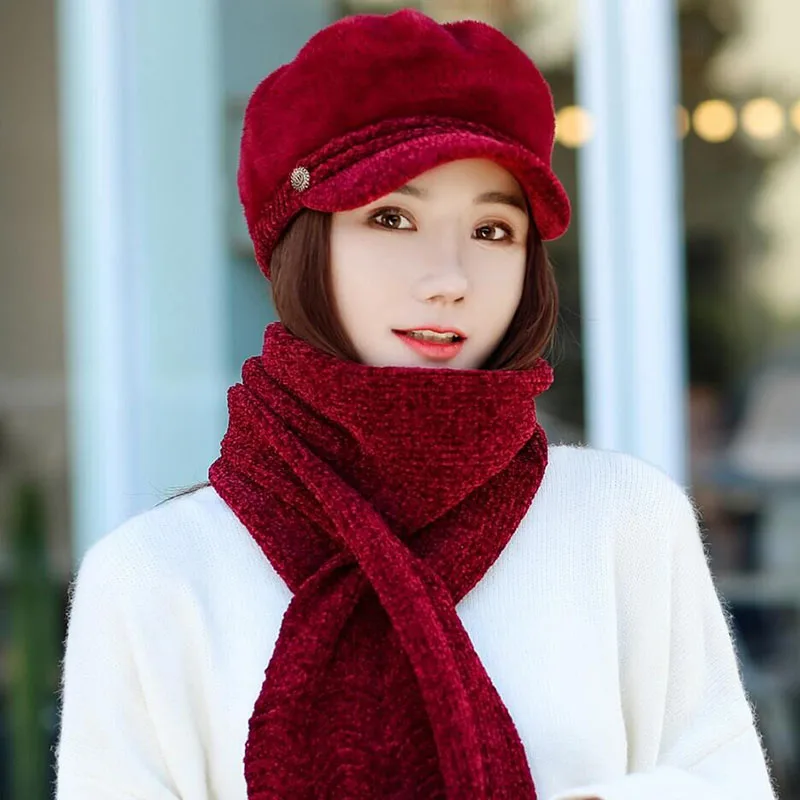 HANGYUNXUANHAO Women French Beret Hat Scarf Set Winter Warm Lady Hat Chenille Elegant Beanie Cap