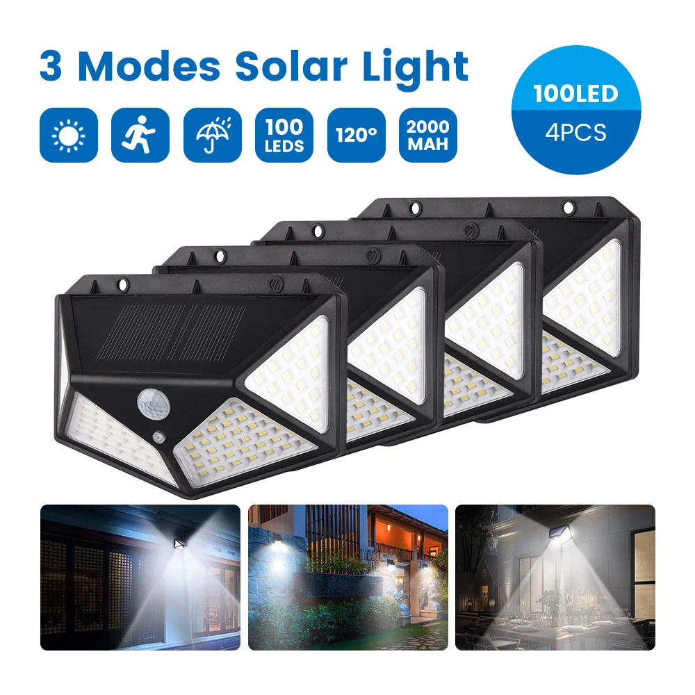 4pcs 100LED Solar Motion Sensor Wall Light Outdoor Garden 3 Modes Security Lamps