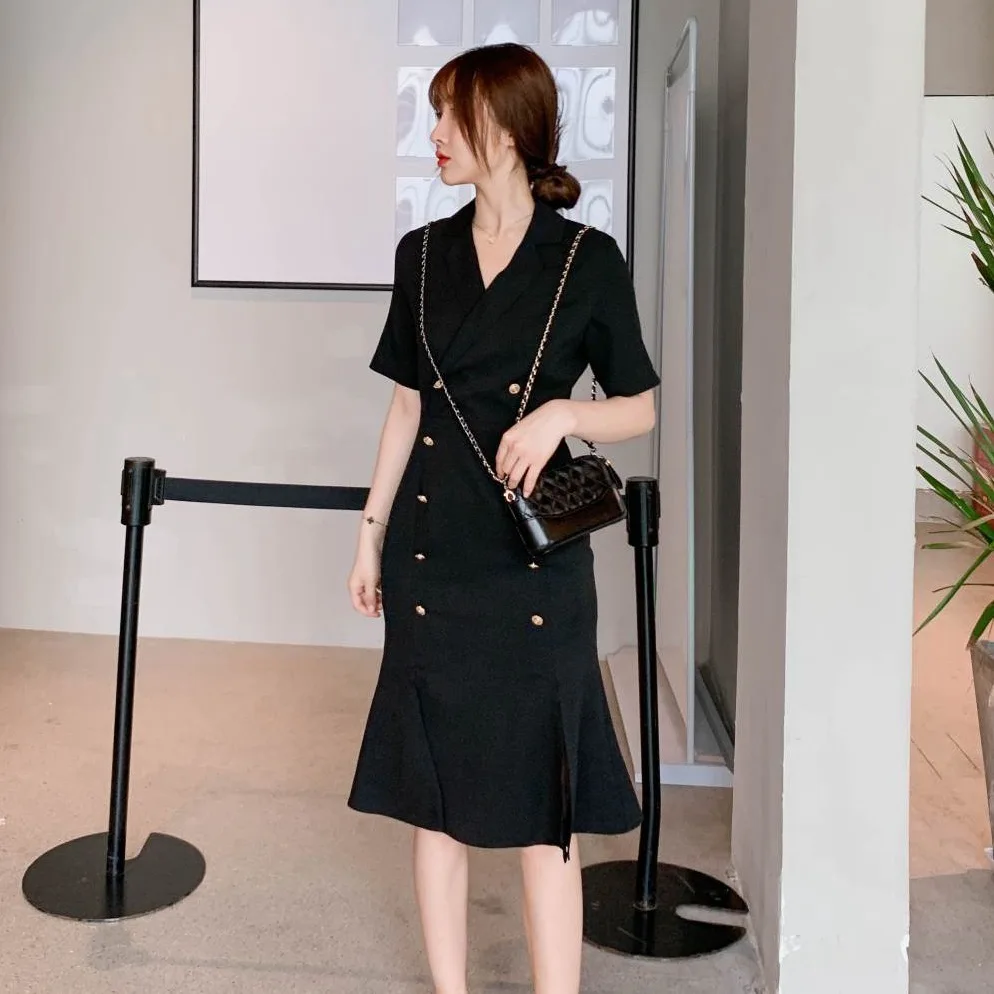 

Photo Shoot CHIC Royal Sister Elegant Ol Suit Collar Double Breasted French Intellectual Smoked Waist Hugging Slim Fit Fishtail