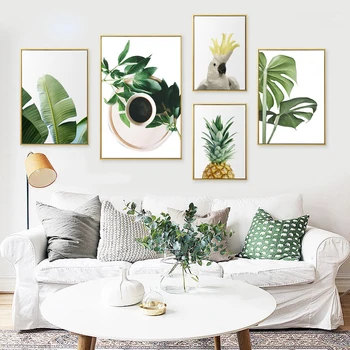 

Tropical wall art canvas painting pineapple coffee newspaper sea and print palm green banana leaf picture living room kitchen de
