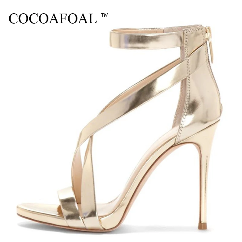 

COCOAFOAL Women Golden Bride Sandals Plus Size 33-43 11 CM High Hooks Sandals Party Deep Sexy Silver Summer Pumps