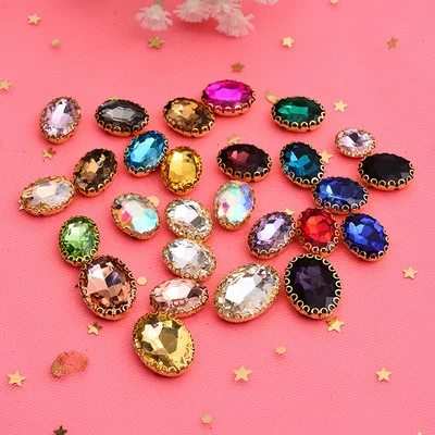 Claw Rhinestones Mix Color Oval  Flatback Sewing Rhinestones Shiny Crystals Stones Gold Base Sew On Rhinestones For Clothes DIY discount sewing supplies  Fabric & Sewing Supplies