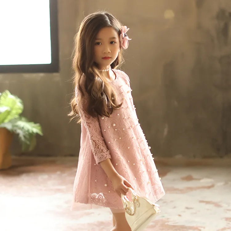 

2019 Spring Clothing New Style Korean-style Childrenswear Girls Lace Beads Dress Big Boy A- line Princess One Piece