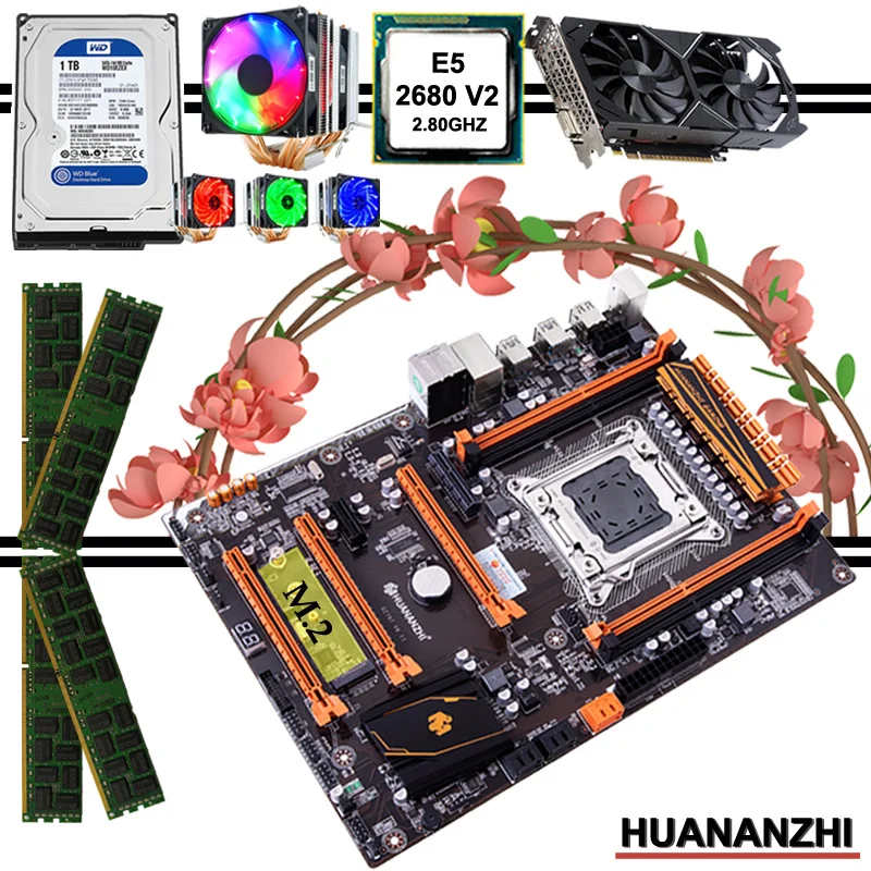 ^Cheap HUANANZHI deluxe X79 motherboard with M.2 slot mobo with CPU E5 2680 V2 CPU cooler RAM 32G(4*8G) 1TB 3.5' SATA HDD GTX1050Ti 4G