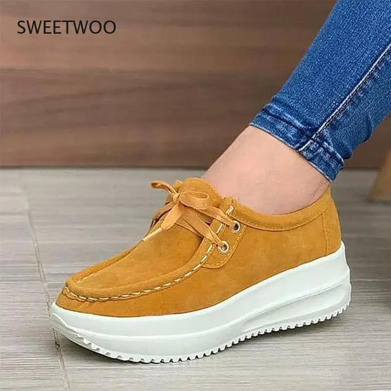 Women's Vulcanized Shoes Flock Ladies Sewing Flat Platform Lace-Up Casual Autumn Female  2021 Fashion New Comfort