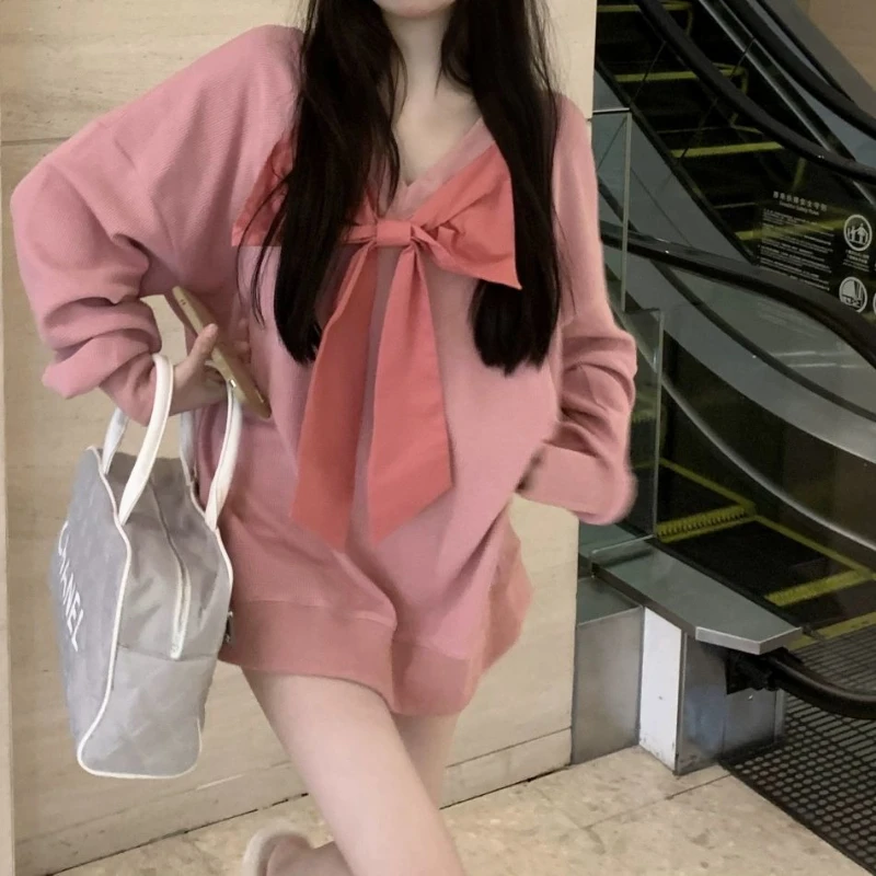 2022 Fashion Autumn Winter Sweet Style Bowknot V-neck Korean Hoodie Long Sleeve Solid Color Loose Preppy Style Hoodie For Girl