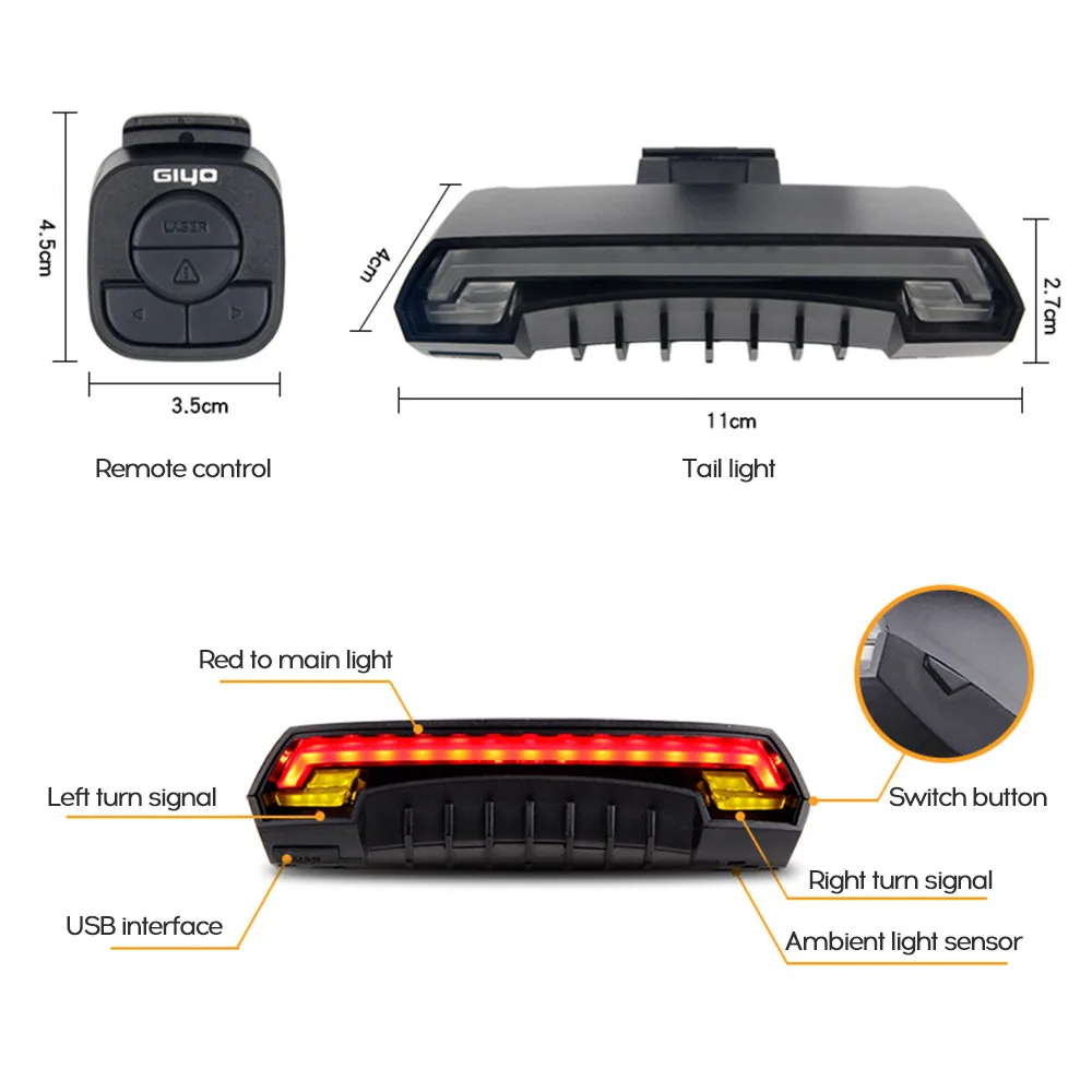 GIYO Bicycle Laser Steering Bicycle Rear Bike Light 2000mAh Battery Remote Control Automatically Open at Night Bicycle Light