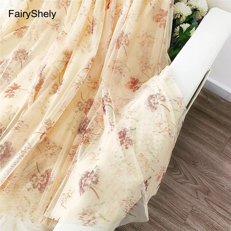 Женская плиссированная юбка с высокой талией FairyShely розовая миди из тюля принтом