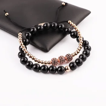 High Quality Natural Stone Elastic Bracelet Black Agate CZ Pave Ball Macrame Beads Bracelet Set For Men