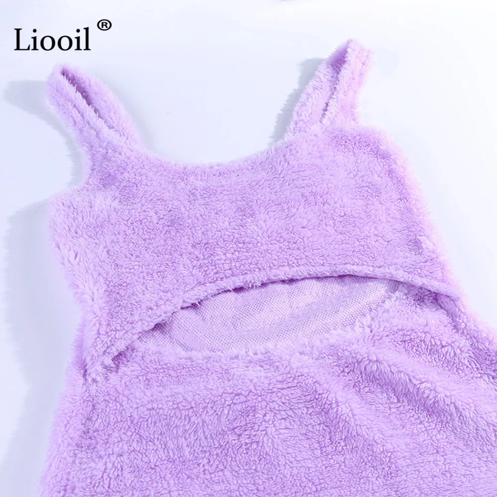 Liooil эротичный вырез Белый плюш Bodycon мини платье без рукавов Высокая талия фиолетовый бесшовная плотно прилегающая юбка платье женские вечерние ночной клуб