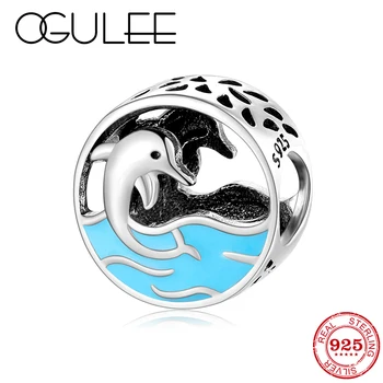 

New 925 Sterling Silver Dolphin love blue ocean Enamel Charms Beads Fit Original European charm Bracelet Fine Jewelry making