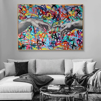 

Creative Graffiti Genesis Oil Painting on Canvas Hand In Hand HD Posters and Prints Wall Art Picture for Living Room Decor