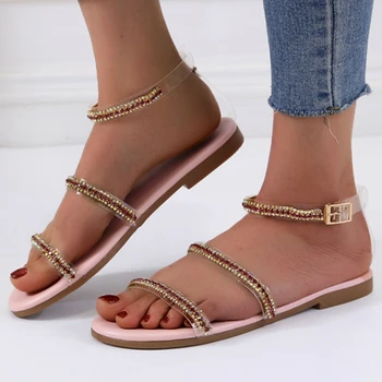 

Women Summer Outdoor Slippers Rhinestone Ankle Strap Buckle Flat Heel Slides Fashion Simple Female Ladies Shoes Zapatos De Mujer
