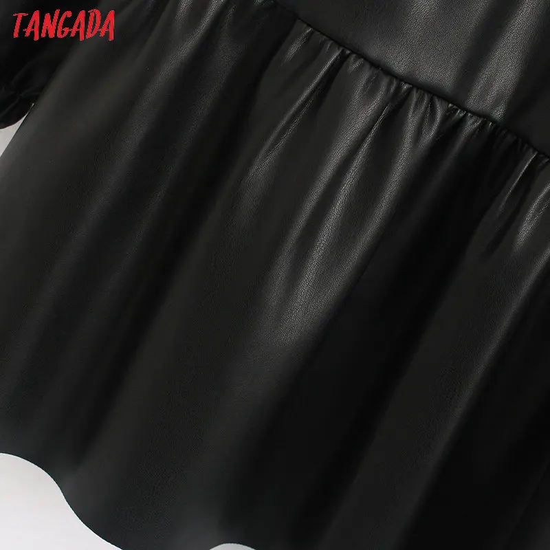  Tangada women pleated black faux leather shirts three quarter sleeve vintage female pu blouses tops