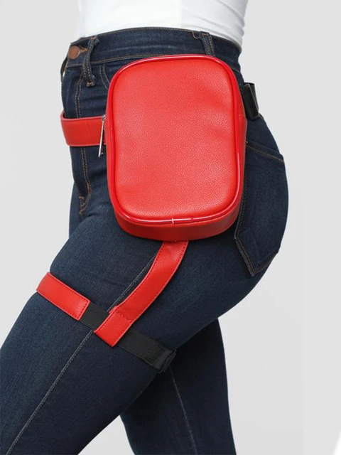 Next Level Harness Fanny Pack Red Black Leg Bag Women waist pack Pu Leather  Belt Bag