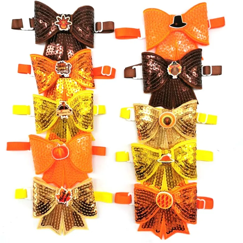 

30/50pcs Sequin Pet Thanksgiving Day Style Pet Dog Bow Ties Necktie Pumpkin Turkey Pizza Accessories Dog Bow Ties Pet Supplies