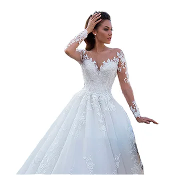 

Glamorous Long Sleeves Lace Ball Gown Wedding Dresses 2020 Plus Size Sheer Mesh Sweep Train Wedding Bridal Gowns