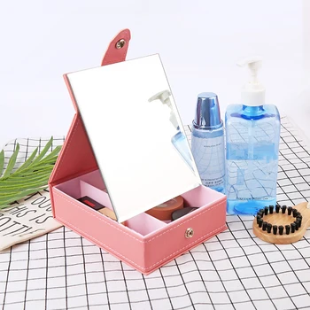 

Portable Folding Mirror with Storage Box Cosmetic Holder Organizer Desktop Make Up Mirror for Medicines Organizer Pill