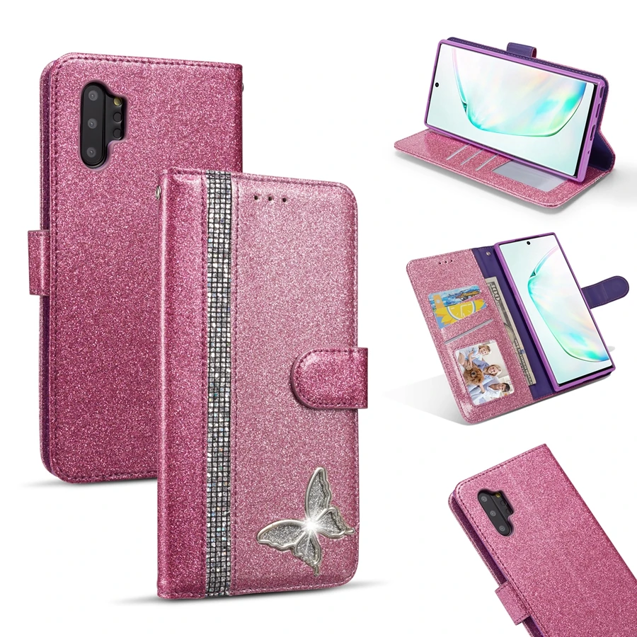 

Bling Crystal Diamond Butterfly Leather Wallet Case For Samsung Galaxy Note 10 Plus S10 S9 Card Slot Flip Slim Cover