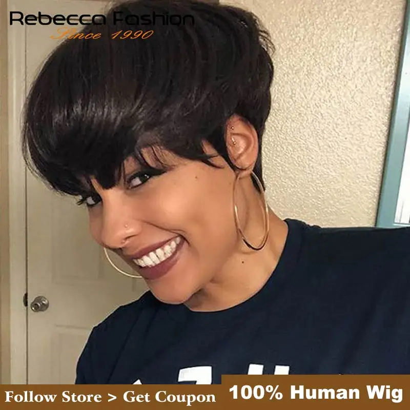 Online Peluca de pelo liso corto de Rebeca pelucas de cabello humano Remy peruano para mujeres negras Color rojo marrón mezcla hecha a máquina peluca envío gratis
