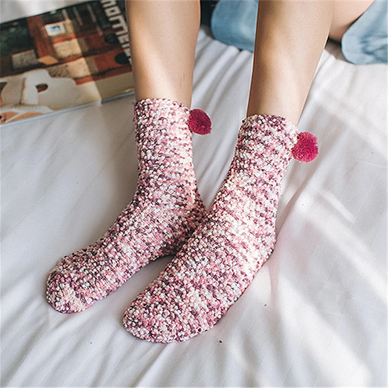 Cute girls' coral fleece socks women thickening warm winter soft floor socks with cute hairball Christmas gift socks dropship