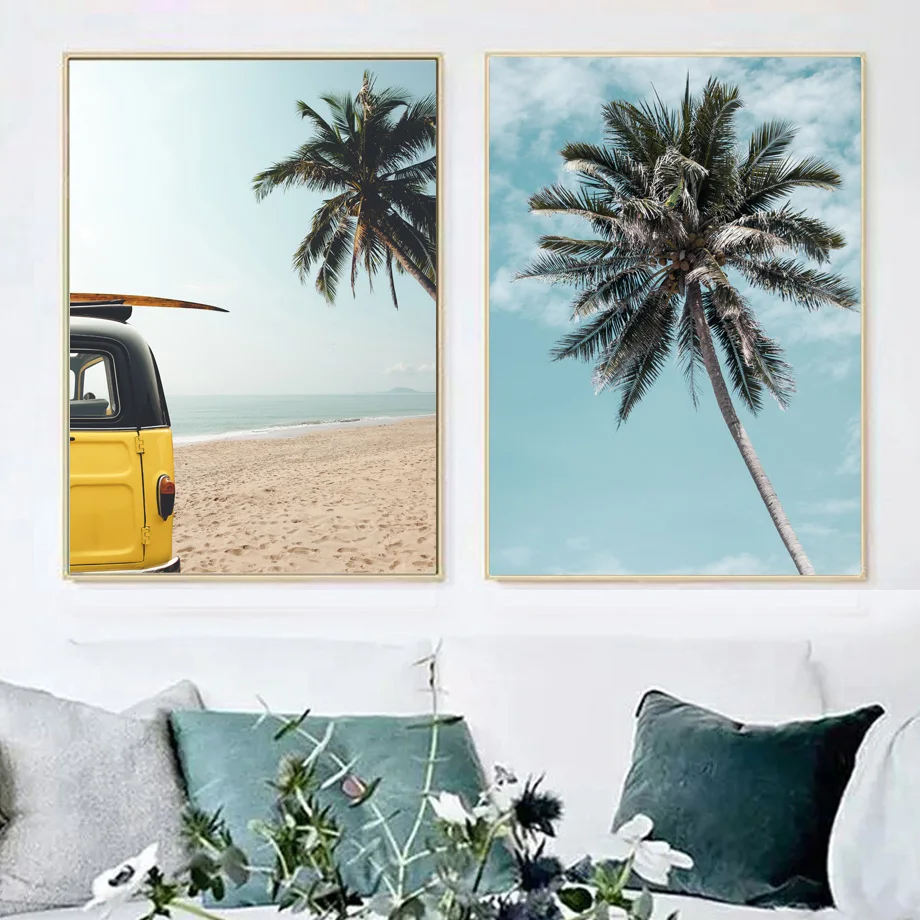 Beautiful-Natural-Scenery-Canvas-Painting-Palm-Tree-Sea-Beach-Yellow-Car-Posters-And-Prints-Wall-Pictures (3)