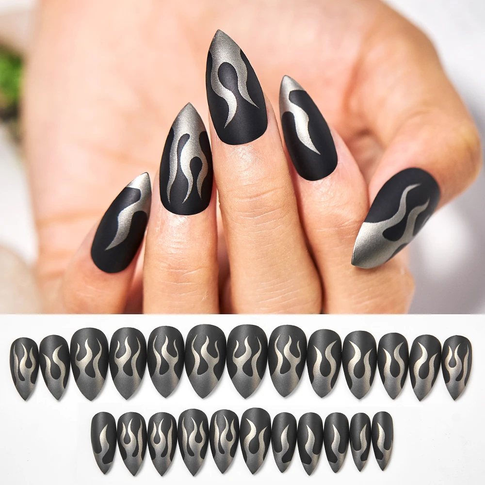 24pcs Black Flame Fake Nails Extra Long Coffin Ballet False Nails With Glue Press On Nails Full Cover French Nail Tips Nail Art False Nails Aliexpress