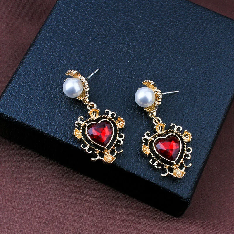 Korean Trendy Red Crystal Stone Dangle Earrings Simple Vintage Gothic Pearl Heart Hanging Earrings Ear Drop Jewelry drop earrings dangle earrings pendant earrings
