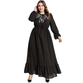 

Muslim Dress Embroidery Arabian Women Embroidered Bow Long Sleeve Elastic Waist Dresses Dubai Islamic Turkey Casual Robe