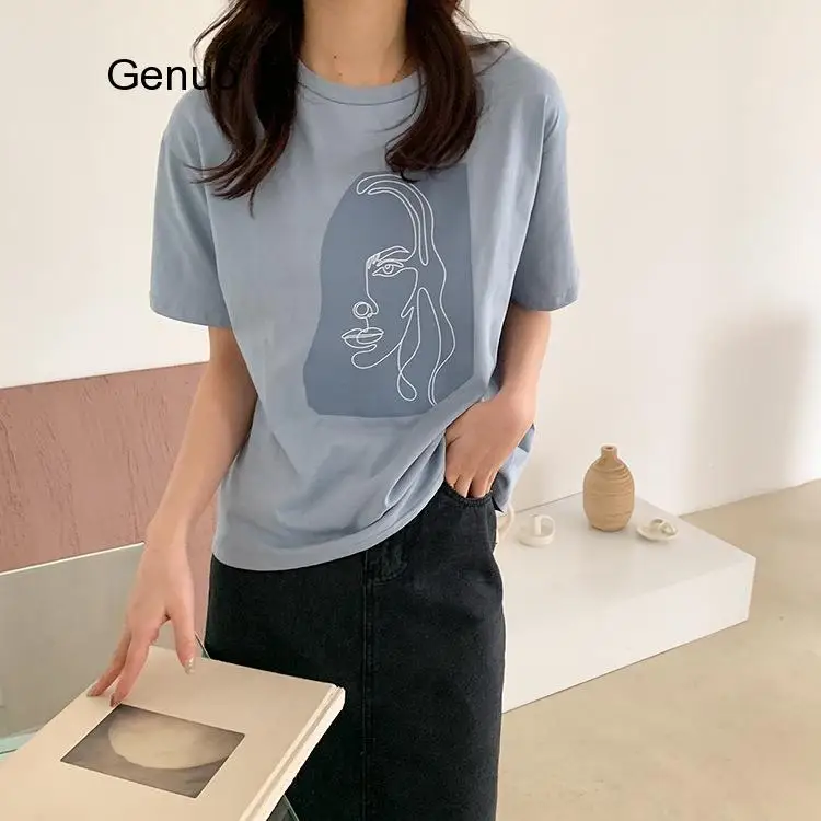 

Abstract Character Printing T-shirts Women Tops Solid Color Summer White Cotton Tops Tees Harajuku Womens Clothing