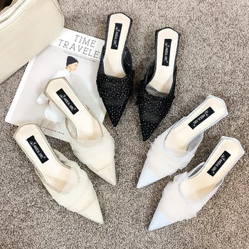 

2020 New Korean Fashion Mesh Shoes Princess Black White Mesh Pointy Toes Lace Slippers, OL Summer Dress High-heel Mesh Shoes