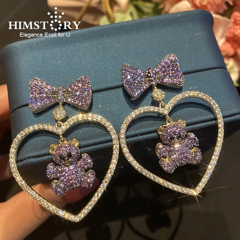 Himstory Korean Cute Bowknot Lovely Bear Heart Pendent  Earrings Micro-inlaid Colorful Zircon Evening Dress Party Ear Accessory
