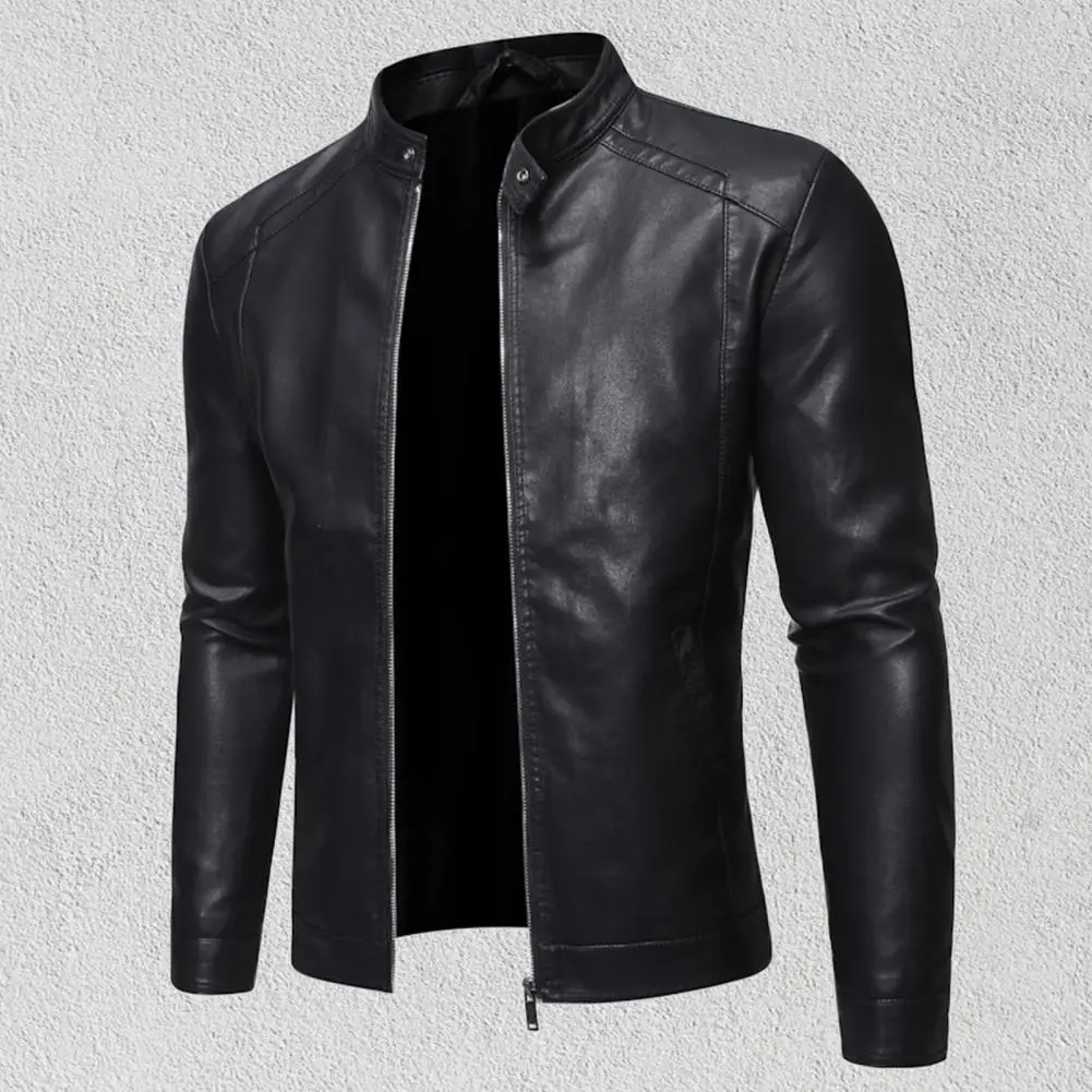 Men Jacket Plus Size Coat Zipper Closure Stand Collar Faux Leather Windproof Slim Solid Color Autumn Motorcycle Jacket Outwear