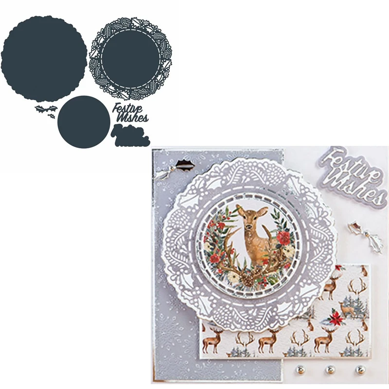 

Ilex Leaves Border Circle Frame Metal Cutting Dies Festive Wishes&Circle Frame Die Cut For Card Making DIY Decoration New 2019
